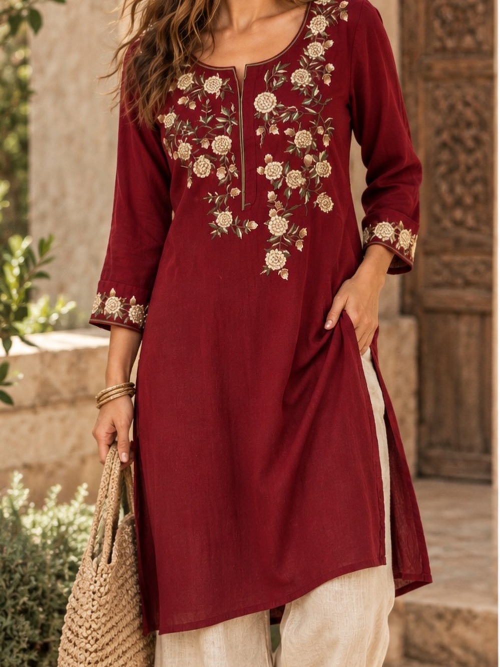 Womens Burgundy Floral Embroidered Tunic Long Sleeve Kurta Top Red Gold